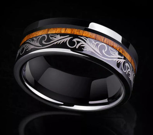 Men 8mm Tungsten Ring Koa Wood Inlay with Laser Pattern Comfort-Fit Wedding Band